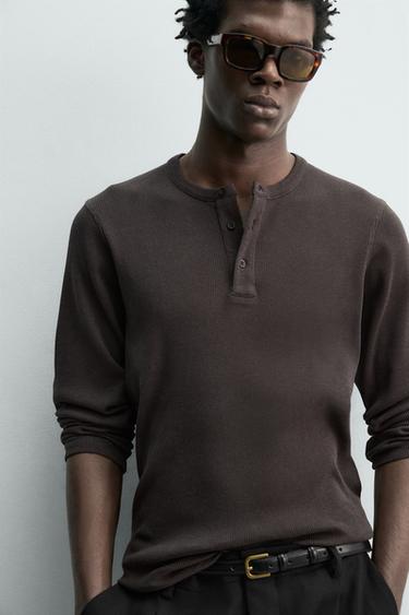 RIBBED HENLEY T-SHIRT - Black / Brown by Zara - Image 5