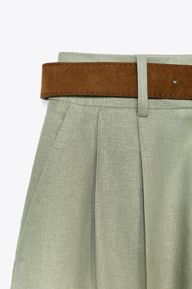 PLEATED BERMUDA SHORTS WITH LINEN BLEND AND BELT - Light khaki by Zara - Image 5