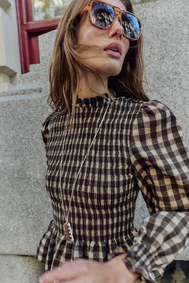 Zara PLAID SMOCKED SHIRT - Brown / Ecru