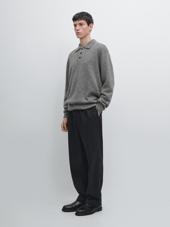 Flecked knit wool blend polo sweater