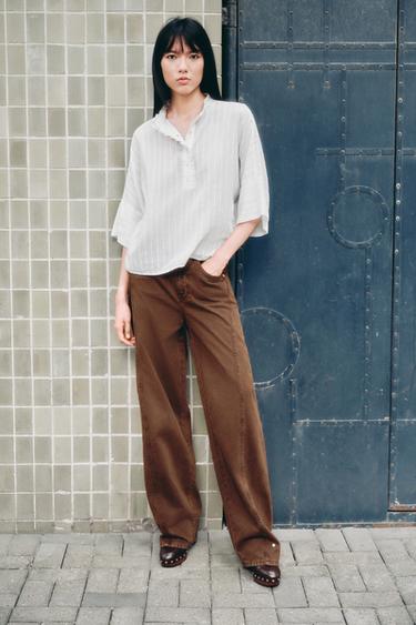 Zara 凸圓點荷葉邊領罩衫 - 白色