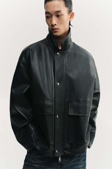 RELAXED FIT FAUX LEATHER JACKET - Dark green by Zara