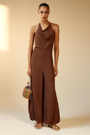 FLOWING HALTER NECK JUMPSUIT - Brown by Zara