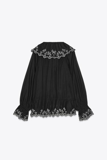 Zara EMBROIDERED RUFFLED BLOUSE ZW COLLECTION - Black