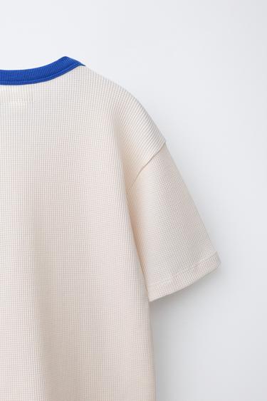CONTRAST WAFFLE-KNIT T-SHIRT - Ecru / Blue by Zara - Image 3