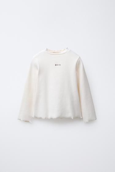 Zara RIBBED TOP WITH EMBROIDERED DETAIL - Ecru