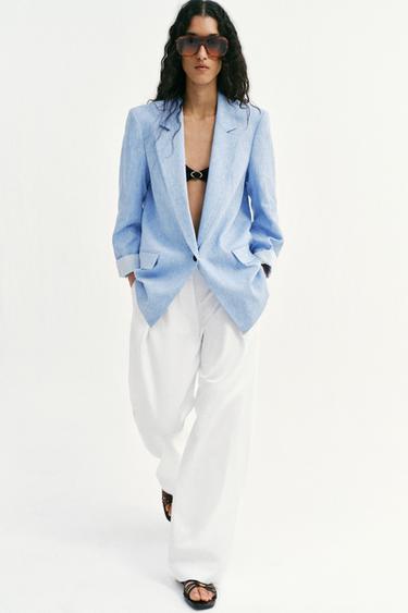 VESTE AVEC LIN À MANCHES RETROUSSÉES - Bleu clair de Zara - Image 6