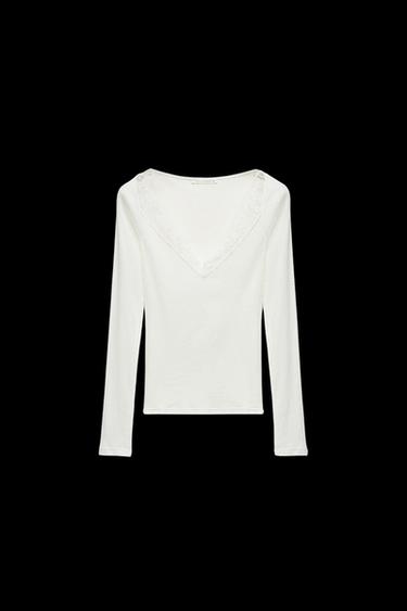 GERIPPTES T-SHIRT MIT SPITZE - Cremefarben von Zara - Bild 0