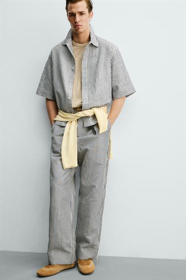 PANTALON RAYURES COTON-LIN - Bleu marine de Zara - Image 4