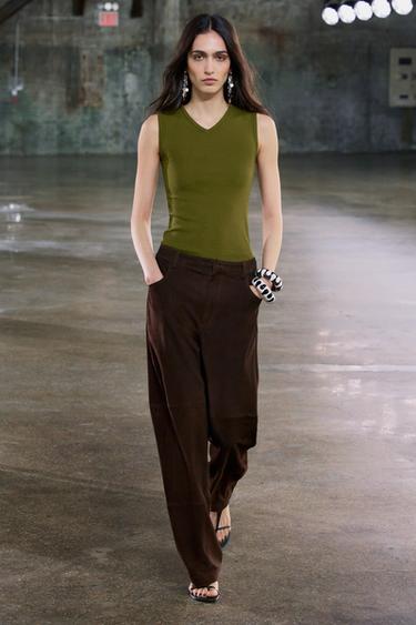 ZW COLLECTION LIMITED EDITION 100% SUEDE TROUSERS - Brown by Zara