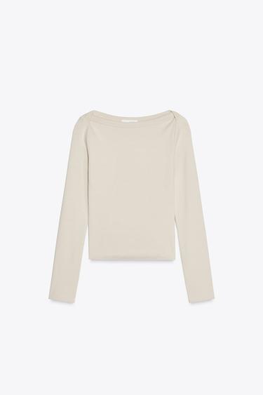 RIBBED BOAT NECK T-SHIRT - Stone by Zara