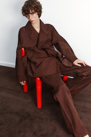 OVERSIZE SHORT SUEDE LEATHER TRENCH COAT - Brown by Zara - Image 2