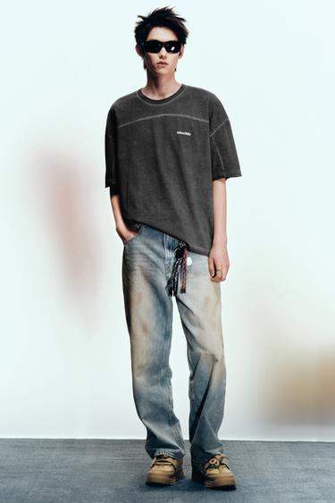 Zara 刷紋休閒版型 T 恤 - 深無煙煤色 - 圖片 0