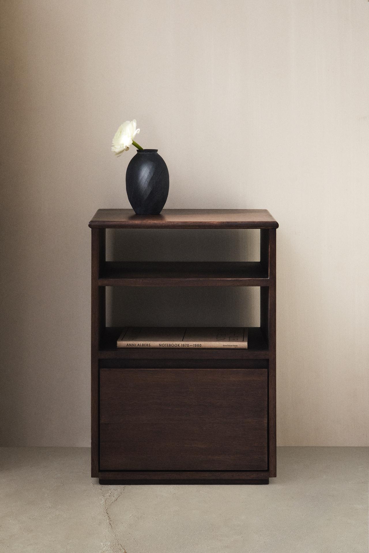 WOODEN BEDSIDE TABLE — Dark brown