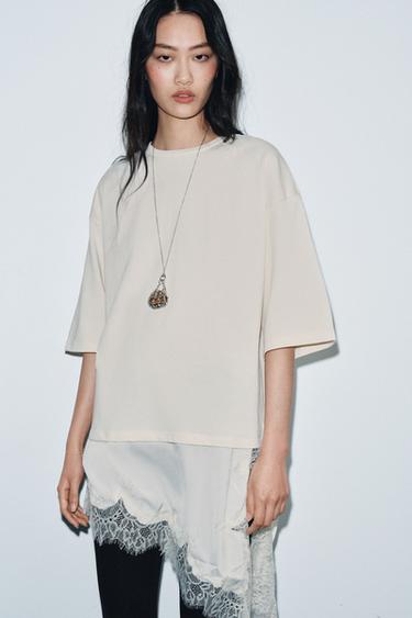 Zara 拼接蕾絲 T 恤 - 裸色