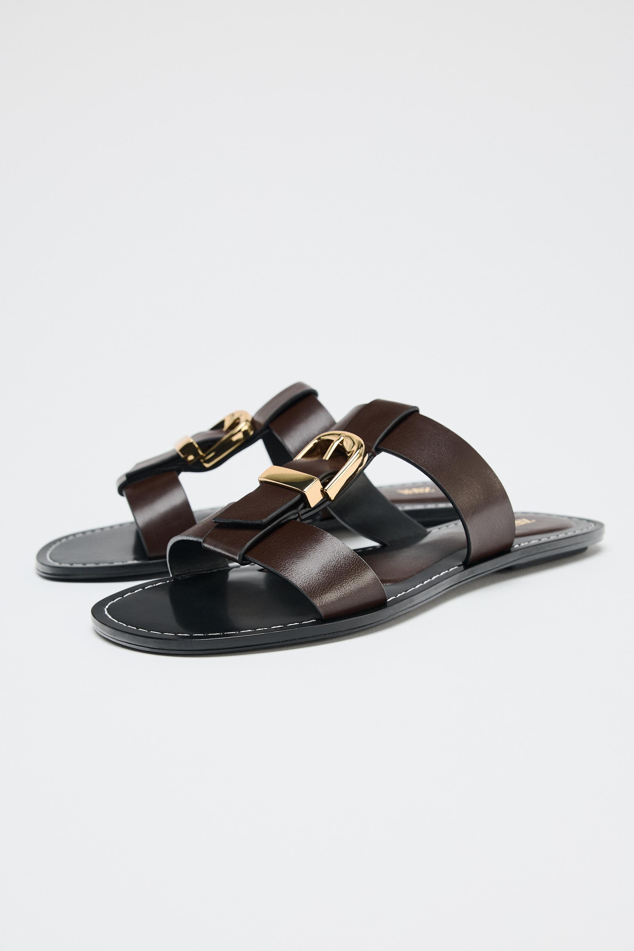 【ZARA】ダブルストラップ バックル フラットサンダル ダブルストラップバックル付きフラットサンダル - ブラウン