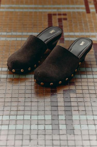 SPLIT SUEDE STUDDED KITTEN CLOGS - Brown by Zara - Image 0