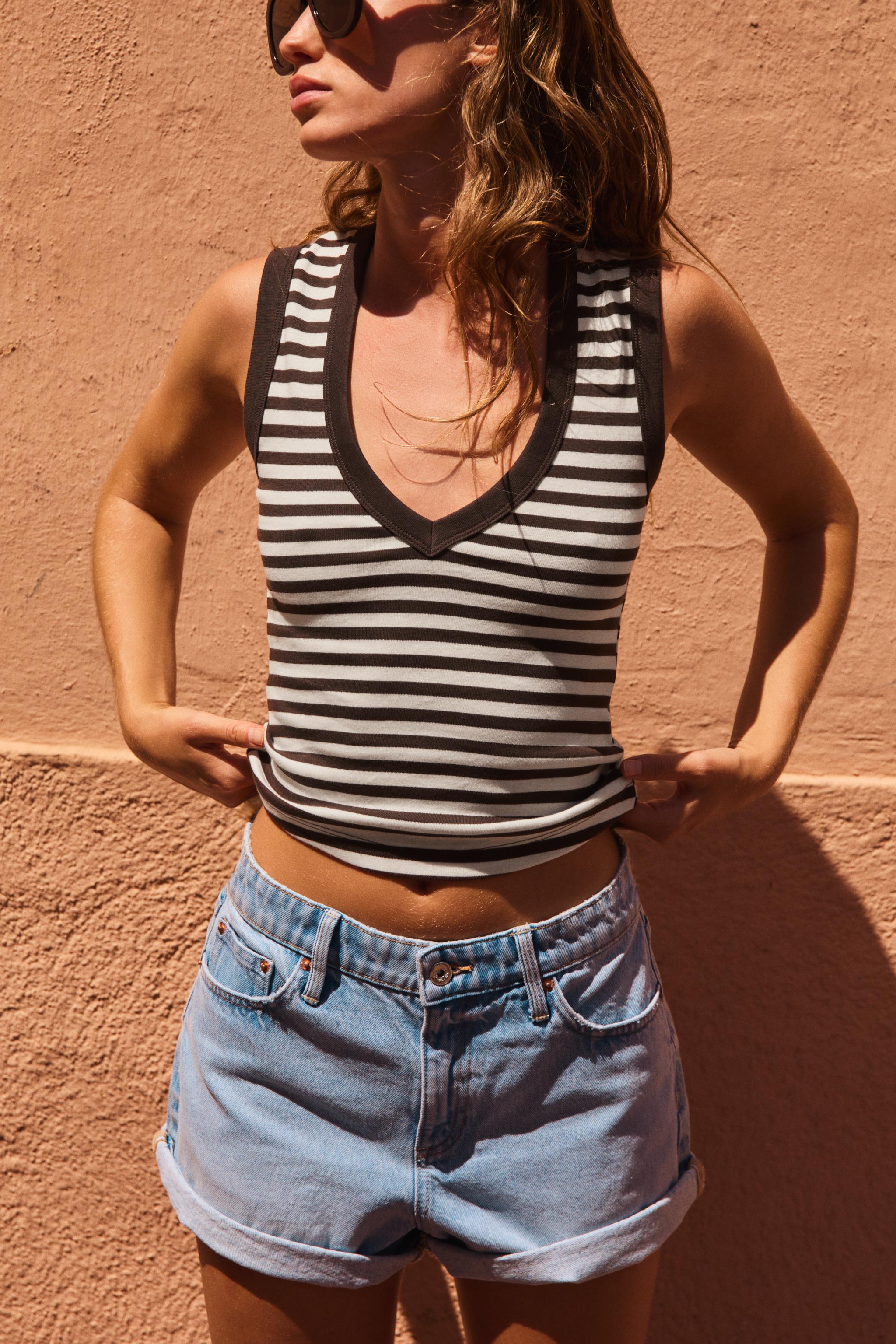 Zara PAMUKLU V YAKA T-SHIRT görsel 6