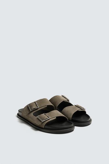 Zara DOUBLE STRAP LEATHER SANDALS - Taupe Gray