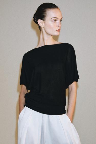 PLAIN KNIT BOAT NECK TOP - Black by Zara