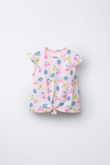 RIBBED PRINTED T-SHIRT WITH KNOT - Light pink by Zara
