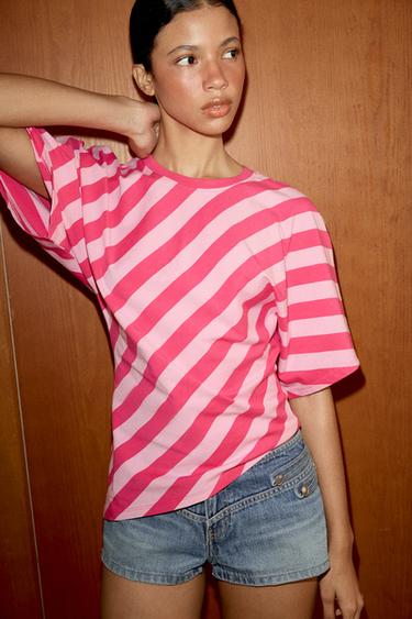 Zara ASYMMETRIC HEM STRIPED TOP - Pink
