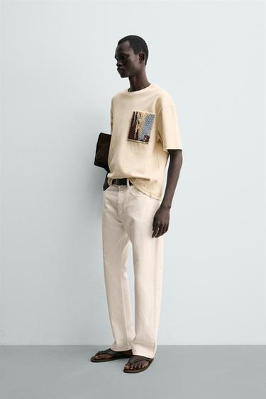 T-SHIRT WITH CONTRAST TEXTURED PATCH - Oyster-white by Zara - Image 3