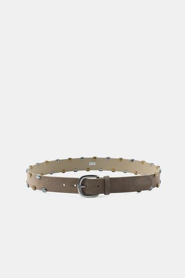 Zara 100% SUEDE LEATHER BELT WITH STUDS - Beige
