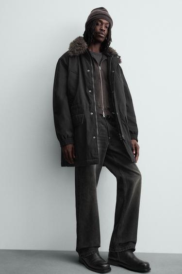 PARKA À COL AMOVIBLE EN MATIÈRES VARIÉES - Noir de Zara