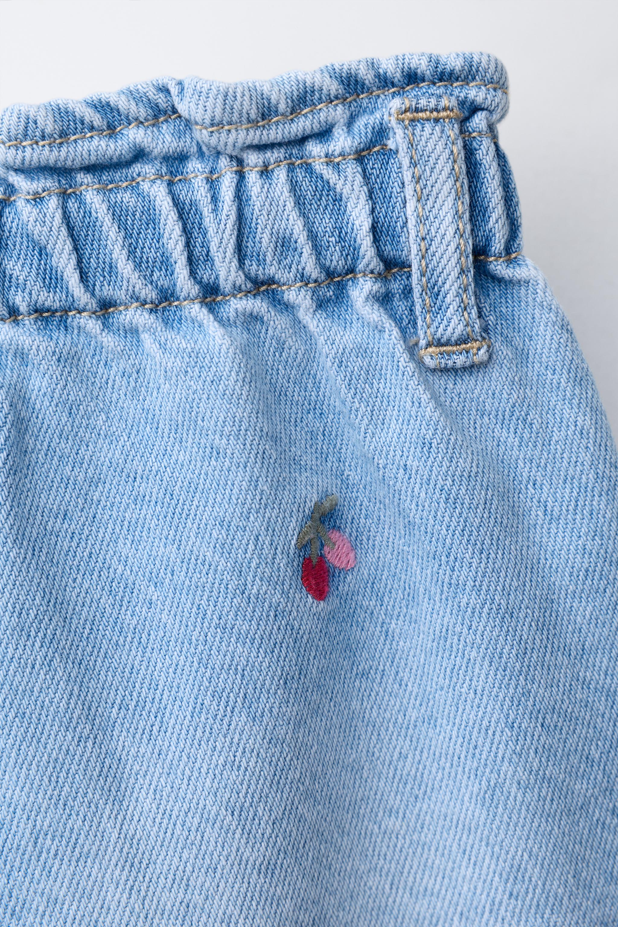 EMBROIDERED CHERRY PAPERBAG DENIM SHORTS