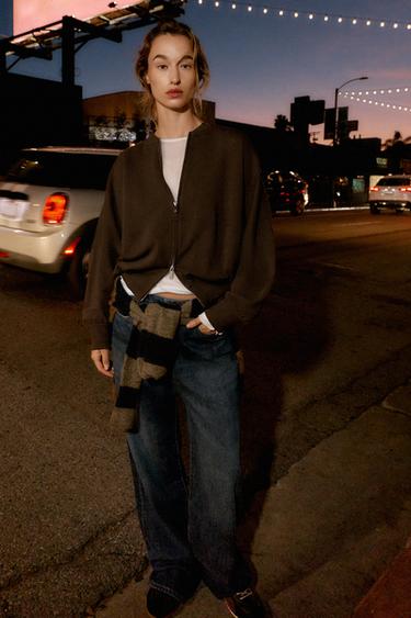 Zara INTERLOCK BOMBER JACKET - Brown