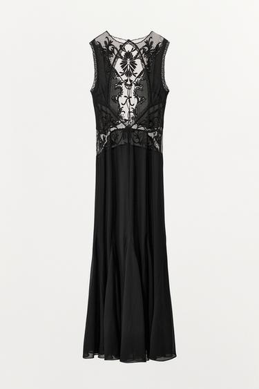 EMBROIDERED BEADED GODET DRESS - Black by Zara - Image 5