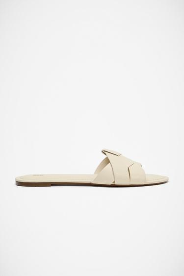 FLAT LEATHER CRISS-CROSS SANDALS - Ecru White by Zara