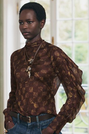 ZW COLLECTION POTISKOVANÁ KOŠILE S VOLÁNEM - Hnědá od Zara