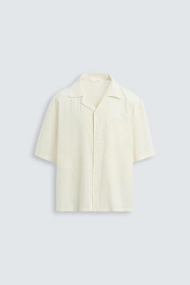 CAMISA ALGODÃO - LINHO BORDADO - Branco-marfim da Zara