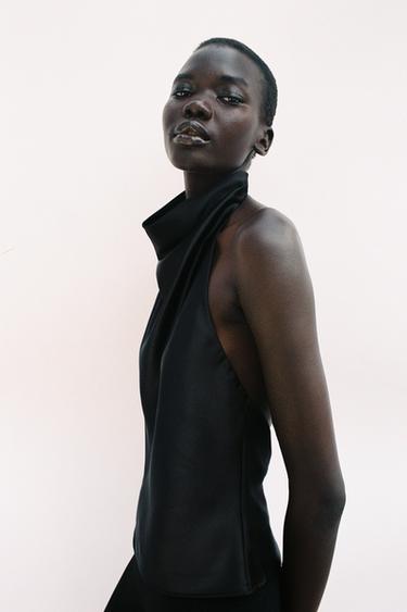 Zara SATIN EFFECT HALTER TOP - Black