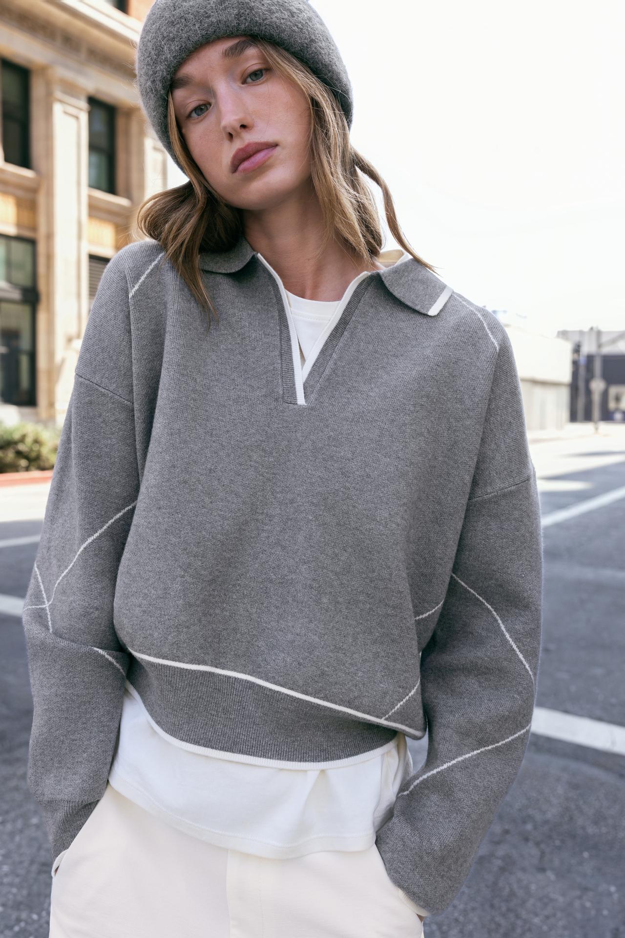 CONTRAST TRIM KNIT POLO SWEATER — Mid-gray