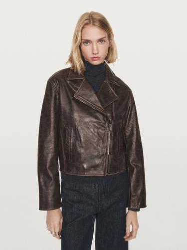 Blouson style motard en cuir nappa - Marron de Zara
