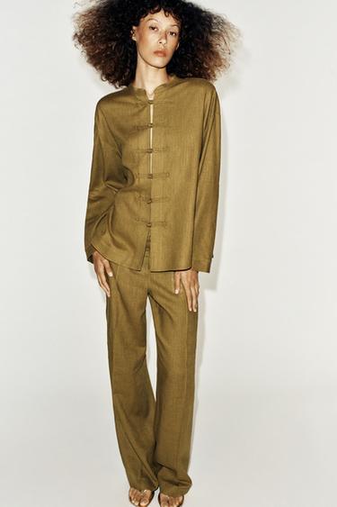 LINEN BLEND SHIRT WITH FROG FASTENING - Oil by Zara