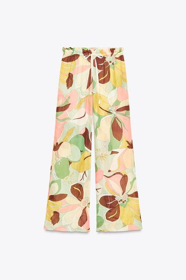 Zara ZW COLLECTION RAMIE FLORAL PRINT PANTS - Green