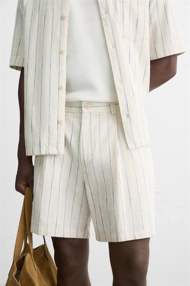 STRIPED TEXTURED BERMUDA SHORTS - Ecru / Blue by Zara - Image 4