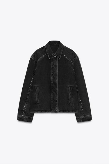 Zara ZW COLLECTION STUDDED DENIM JACKET - Black