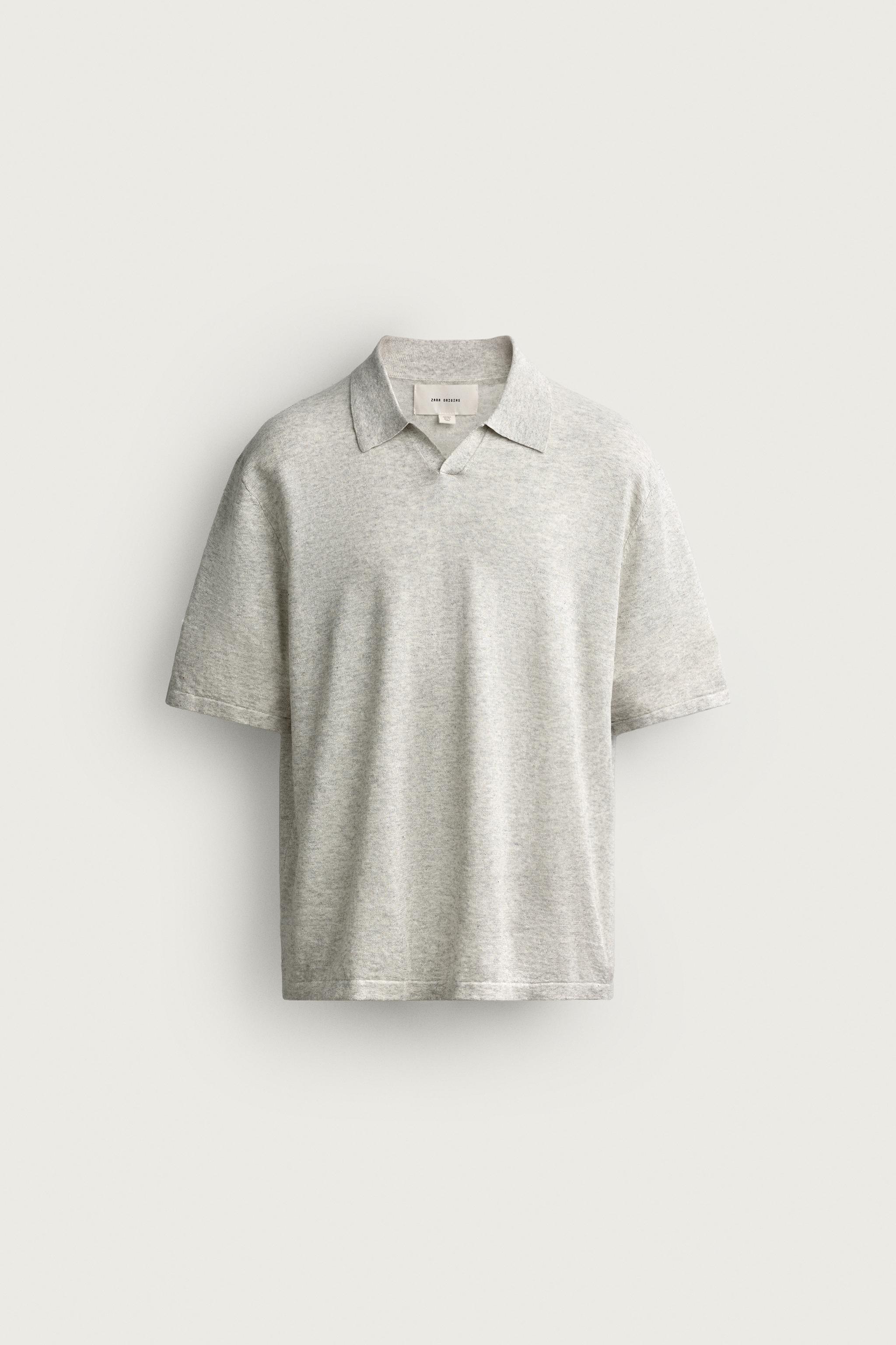 HEMP COTTON BLEND KNIT POLO — Gray marl