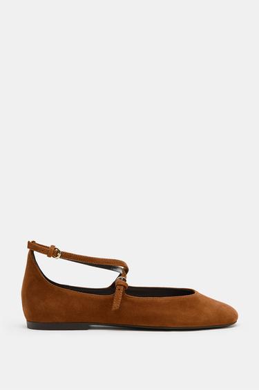 LEATHER STRAP BALLET FLATS - Brown by Zara