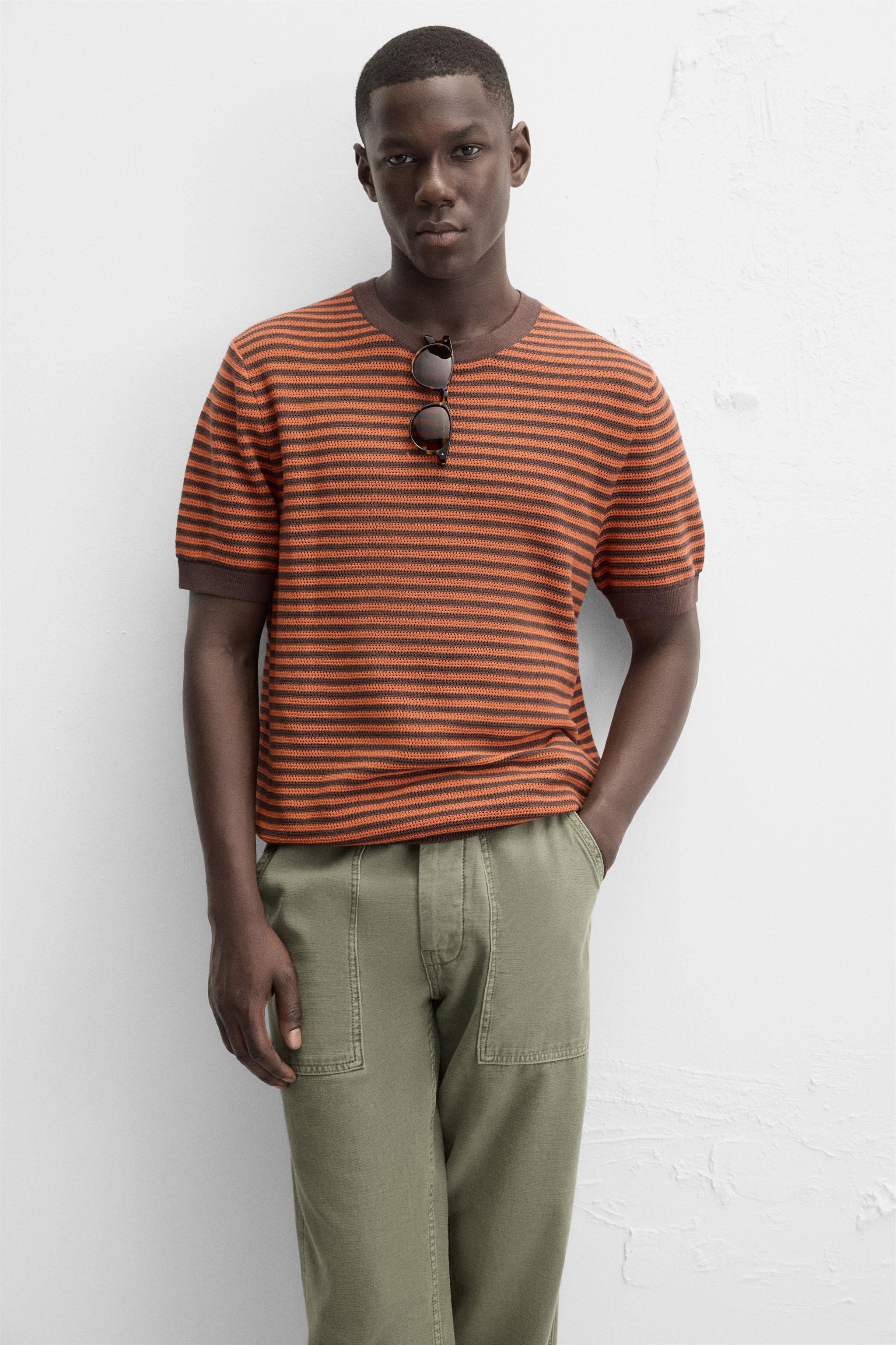STRIPED OPEN KNIT T-SHIRT