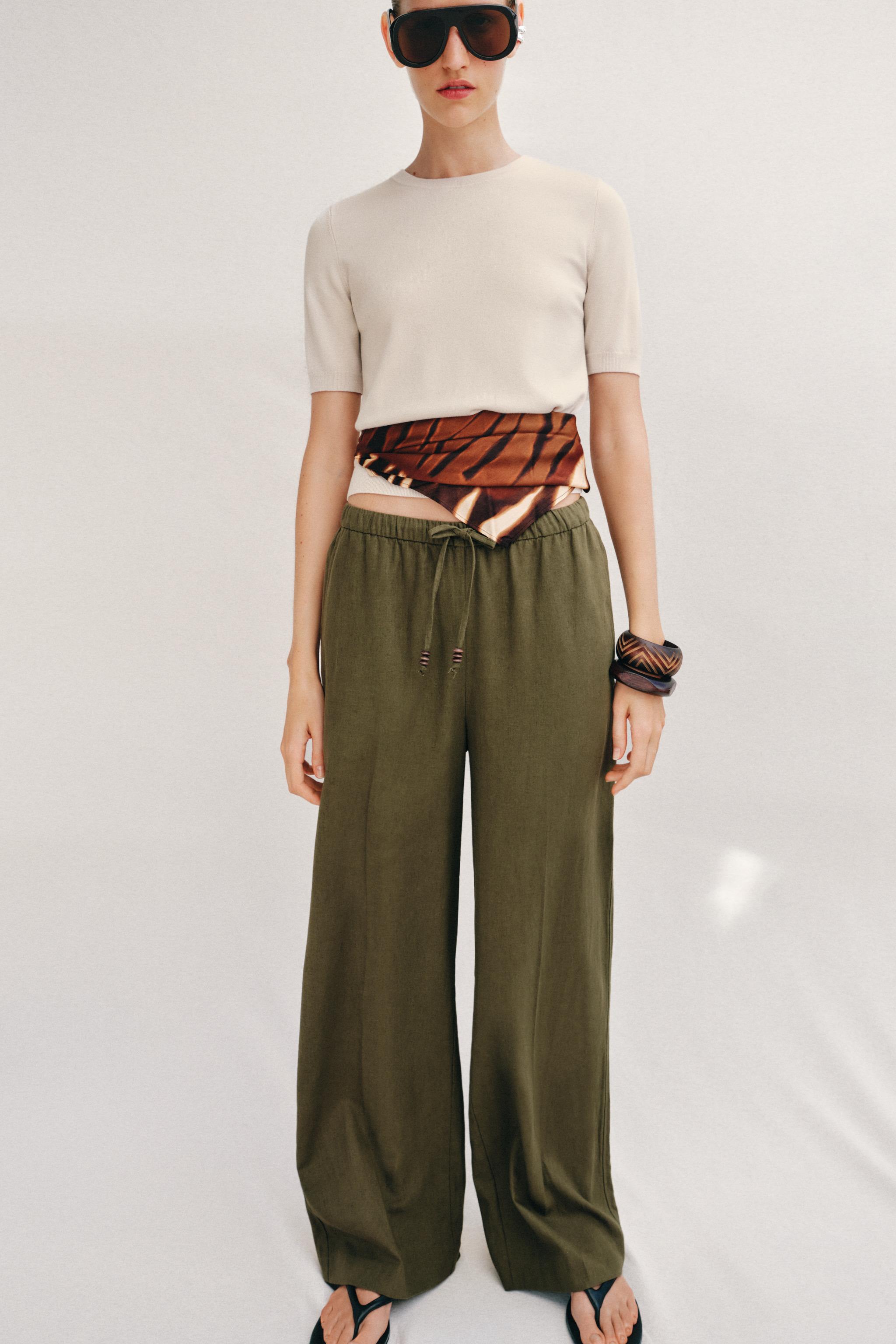 LINEN STRAIGHT LEG PANTS — Khaki