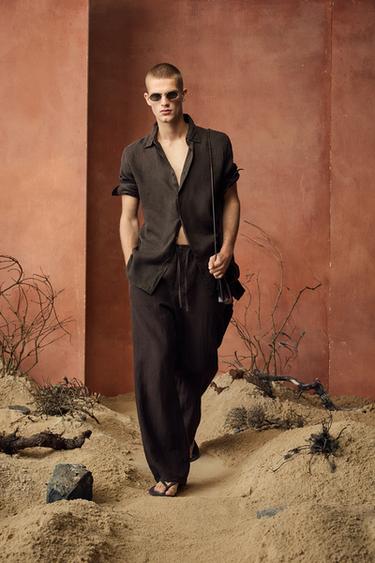 100% LINEN RELAXED FIT TROUSERS - Dark brown by Zara