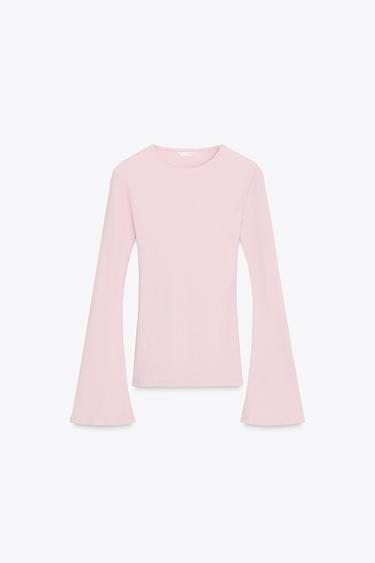 T-SHIRT CÔTELÉ À MANCHES ÉVASÉES - Rose de Zara - Image 4