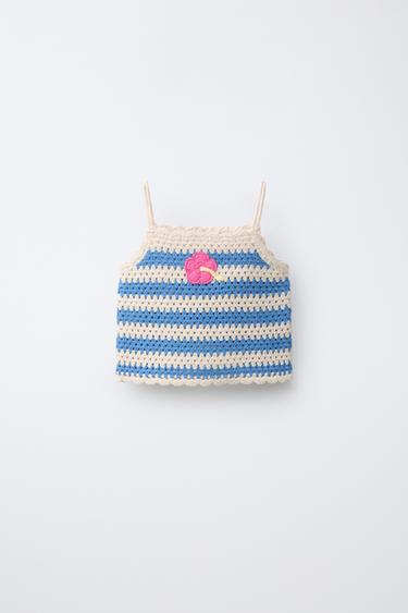 STRIPED CROCHET KNIT TOP - Ecru / Blue by Zara - Image 0