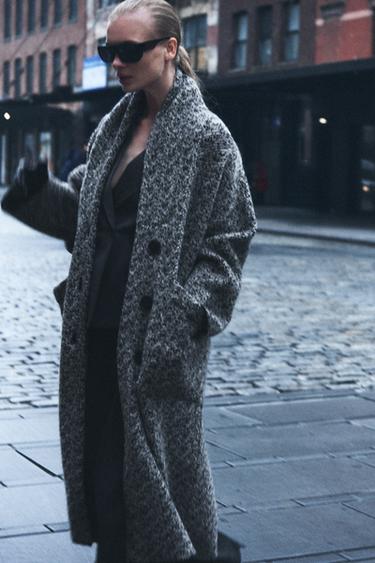 Zara WRAPAROUND COLLAR KNIT COAT - Ecru / Black - Image 0